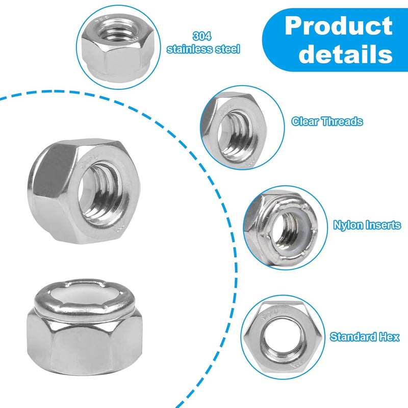 Yinpecly 110PCS 1/4"-20 Nylon Insert Hex Lock Nuts,304 Stainless Steel Locknuts,Hex Drive,Coarse Thread,Self-Locking Nuts for Industrial Construction Fasteners - Image 3
